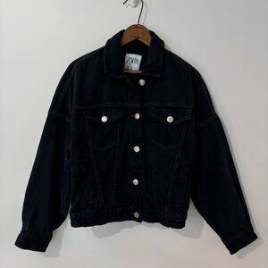 Zara Oversized Denim Bomber Jean Jacket with Cinched Waist XS